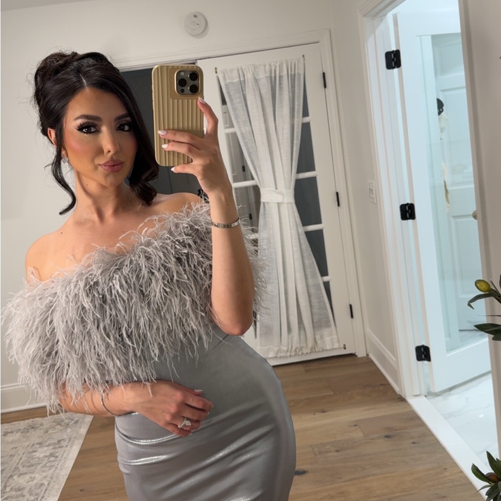 Silver Off-Shoulder Feather Dress